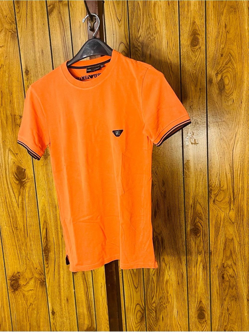 Emporio Armani Bright Orange Short-Sleeve Crewneck Tee with Contrast Trim